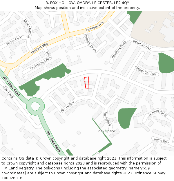 3, FOX HOLLOW, OADBY, LEICESTER, LE2 4QY: Location map and indicative extent of plot