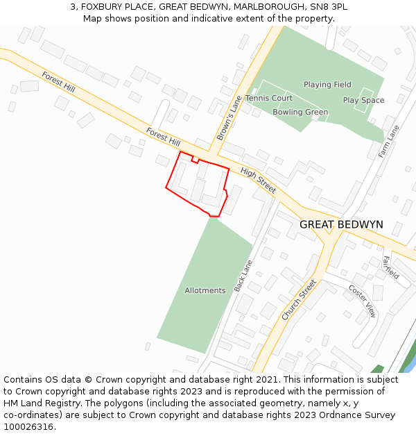 3, FOXBURY PLACE, GREAT BEDWYN, MARLBOROUGH, SN8 3PL: Location map and indicative extent of plot