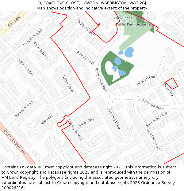 3, FOXGLOVE CLOSE, LOWTON, WARRINGTON, WA3 2GJ: Location map and indicative extent of plot