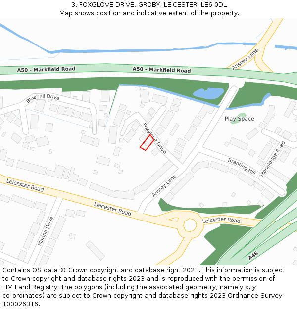 3, FOXGLOVE DRIVE, GROBY, LEICESTER, LE6 0DL: Location map and indicative extent of plot