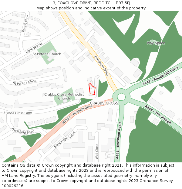 3, FOXGLOVE DRIVE, REDDITCH, B97 5FJ: Location map and indicative extent of plot