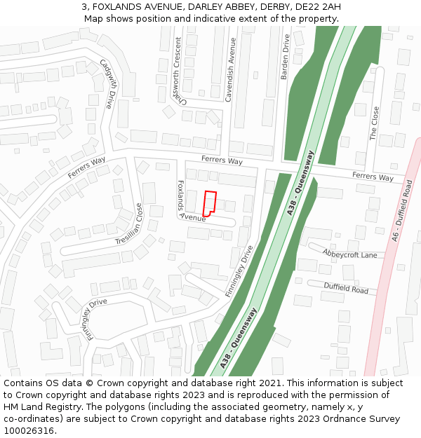 3, FOXLANDS AVENUE, DARLEY ABBEY, DERBY, DE22 2AH: Location map and indicative extent of plot