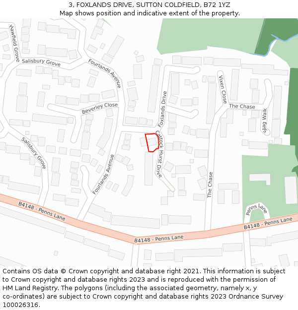 3, FOXLANDS DRIVE, SUTTON COLDFIELD, B72 1YZ: Location map and indicative extent of plot