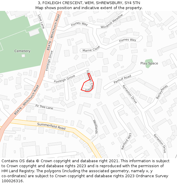 3, FOXLEIGH CRESCENT, WEM, SHREWSBURY, SY4 5TN: Location map and indicative extent of plot