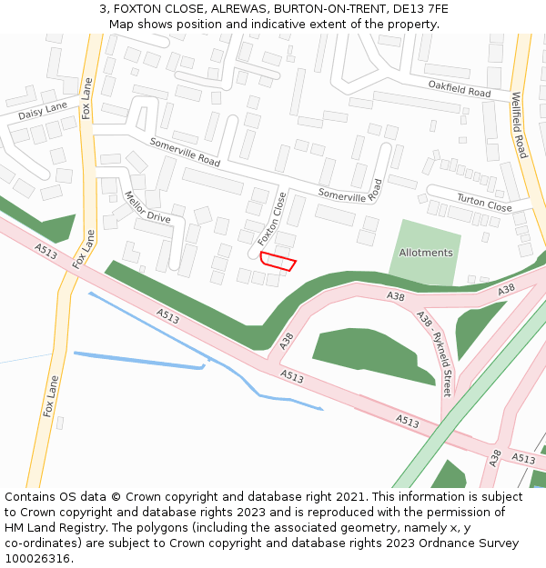 3, FOXTON CLOSE, ALREWAS, BURTON-ON-TRENT, DE13 7FE: Location map and indicative extent of plot