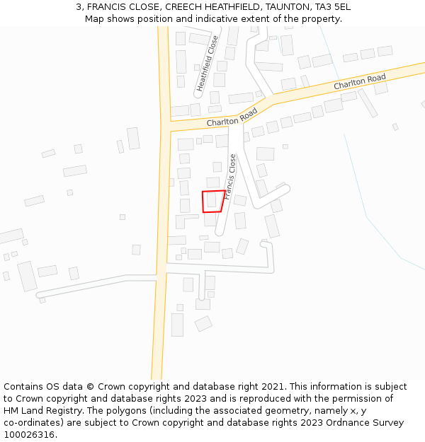 3, FRANCIS CLOSE, CREECH HEATHFIELD, TAUNTON, TA3 5EL: Location map and indicative extent of plot