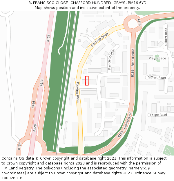 3, FRANCISCO CLOSE, CHAFFORD HUNDRED, GRAYS, RM16 6YD: Location map and indicative extent of plot