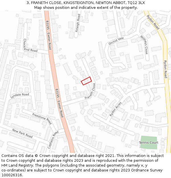 3, FRANETH CLOSE, KINGSTEIGNTON, NEWTON ABBOT, TQ12 3LX: Location map and indicative extent of plot