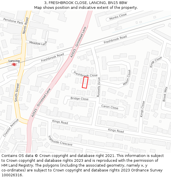 3, FRESHBROOK CLOSE, LANCING, BN15 8BW: Location map and indicative extent of plot