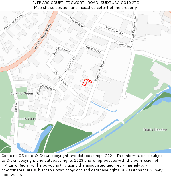 3, FRIARS COURT, EDGWORTH ROAD, SUDBURY, CO10 2TG: Location map and indicative extent of plot