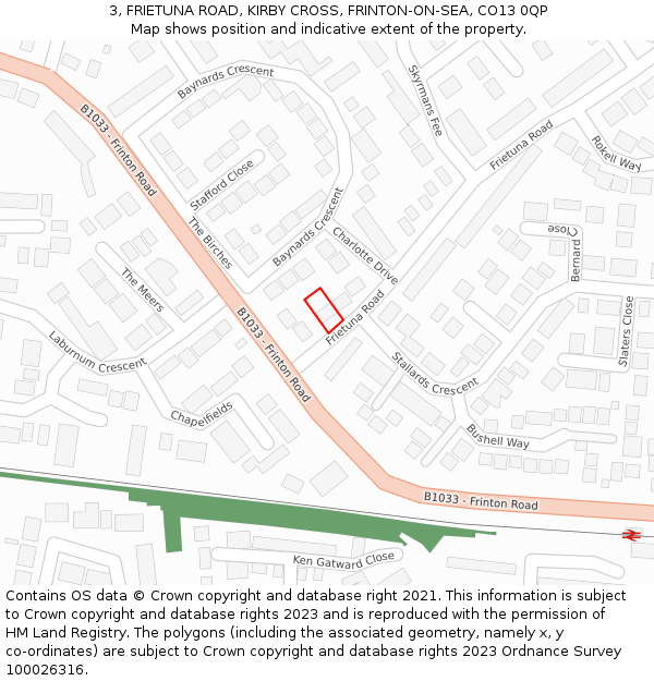 3, FRIETUNA ROAD, KIRBY CROSS, FRINTON-ON-SEA, CO13 0QP: Location map and indicative extent of plot