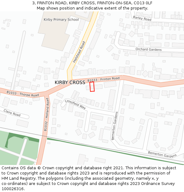 3, FRINTON ROAD, KIRBY CROSS, FRINTON-ON-SEA, CO13 0LF: Location map and indicative extent of plot