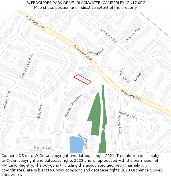 3, FROGMORE PARK DRIVE, BLACKWATER, CAMBERLEY, GU17 0PG: Location map and indicative extent of plot