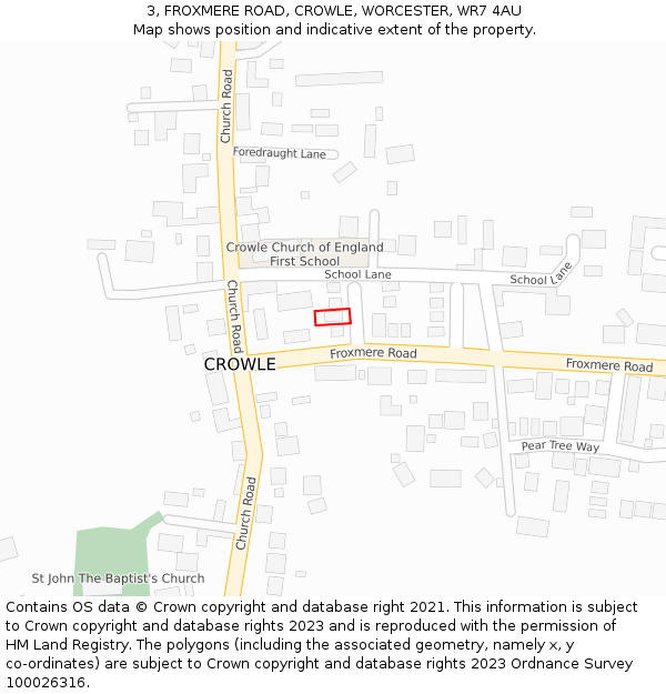 3, FROXMERE ROAD, CROWLE, WORCESTER, WR7 4AU: Location map and indicative extent of plot