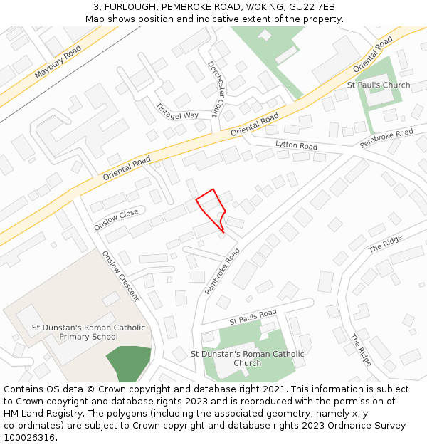 3, FURLOUGH, PEMBROKE ROAD, WOKING, GU22 7EB: Location map and indicative extent of plot