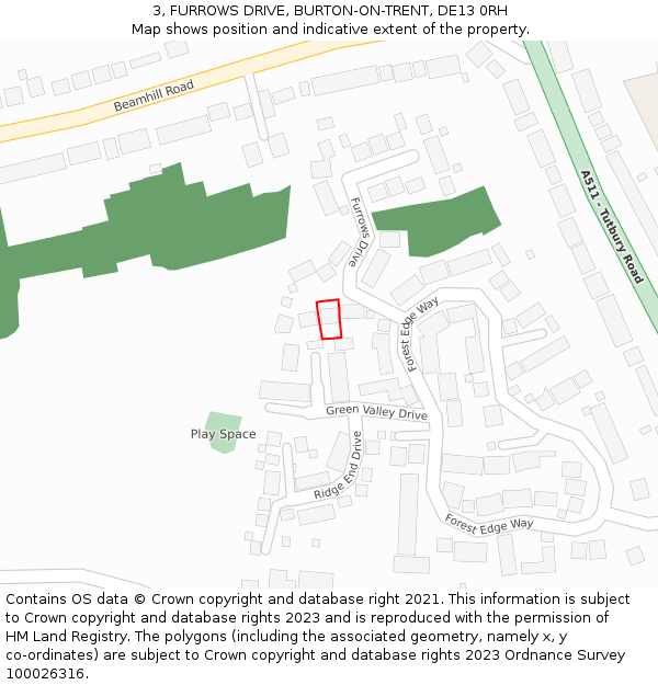 3, FURROWS DRIVE, BURTON-ON-TRENT, DE13 0RH: Location map and indicative extent of plot