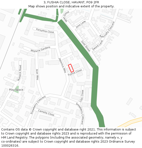 3, FUSHIA CLOSE, HAVANT, PO9 2FR: Location map and indicative extent of plot