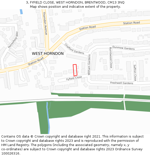 3, FYFIELD CLOSE, WEST HORNDON, BRENTWOOD, CM13 3NQ: Location map and indicative extent of plot
