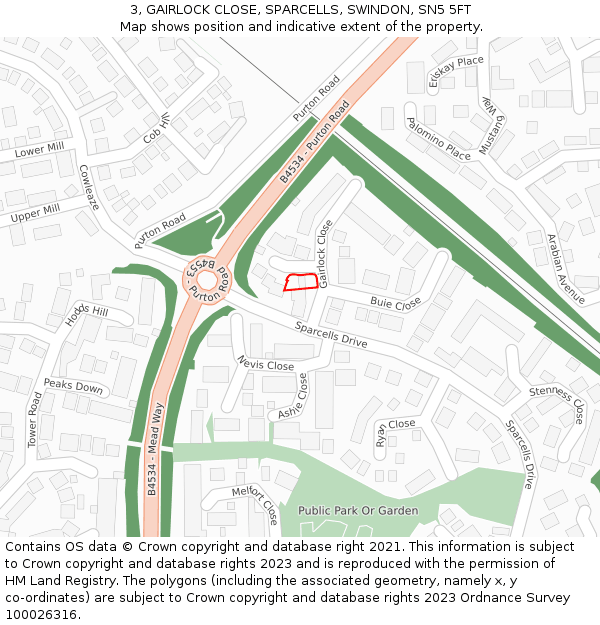 3, GAIRLOCK CLOSE, SPARCELLS, SWINDON, SN5 5FT: Location map and indicative extent of plot