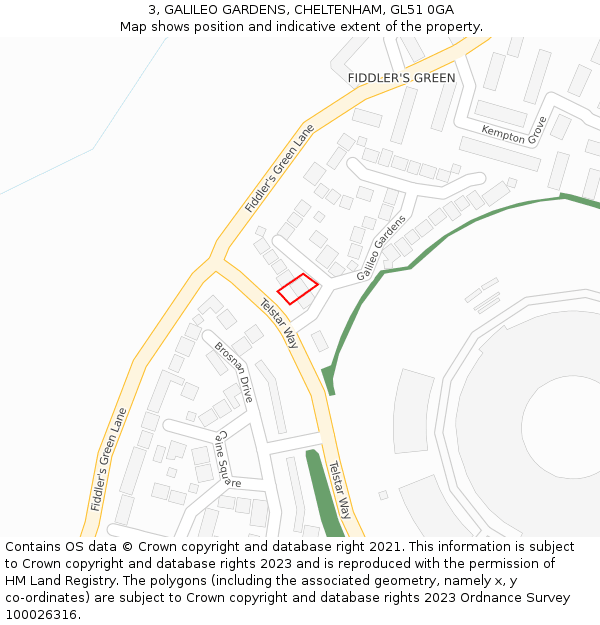 3, GALILEO GARDENS, CHELTENHAM, GL51 0GA: Location map and indicative extent of plot