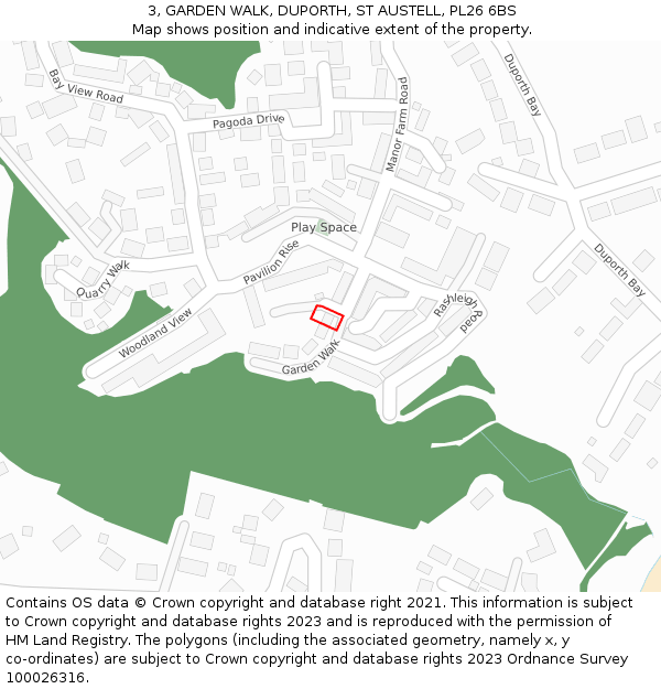 3, GARDEN WALK, DUPORTH, ST AUSTELL, PL26 6BS: Location map and indicative extent of plot