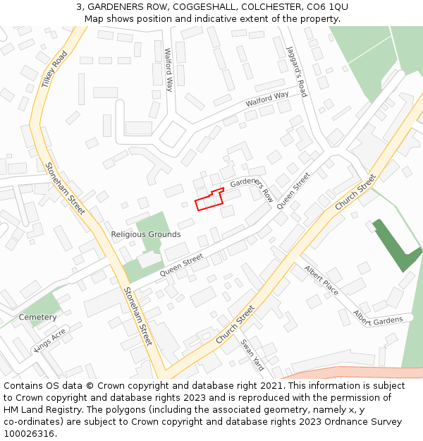 3, GARDENERS ROW, COGGESHALL, COLCHESTER, CO6 1QU: Location map and indicative extent of plot