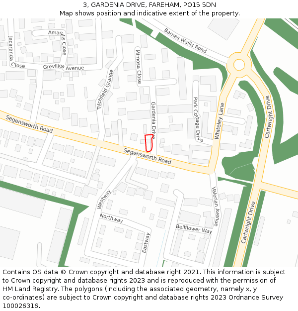 3, GARDENIA DRIVE, FAREHAM, PO15 5DN: Location map and indicative extent of plot