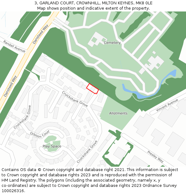 3, GARLAND COURT, CROWNHILL, MILTON KEYNES, MK8 0LE: Location map and indicative extent of plot