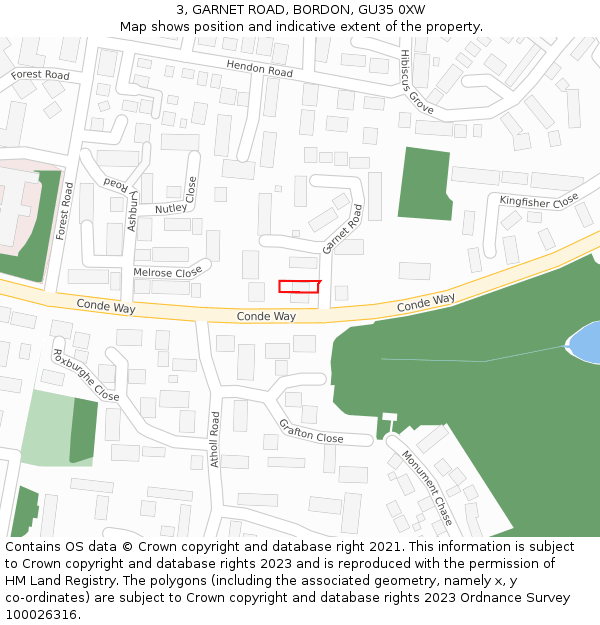 3, GARNET ROAD, BORDON, GU35 0XW: Location map and indicative extent of plot