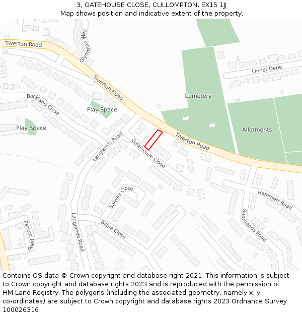 3, GATEHOUSE CLOSE, CULLOMPTON, EX15 1JJ: Location map and indicative extent of plot