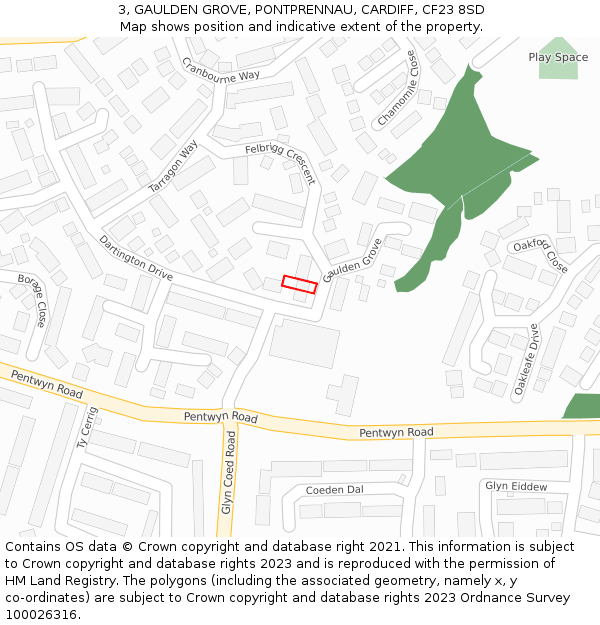 3, GAULDEN GROVE, PONTPRENNAU, CARDIFF, CF23 8SD: Location map and indicative extent of plot