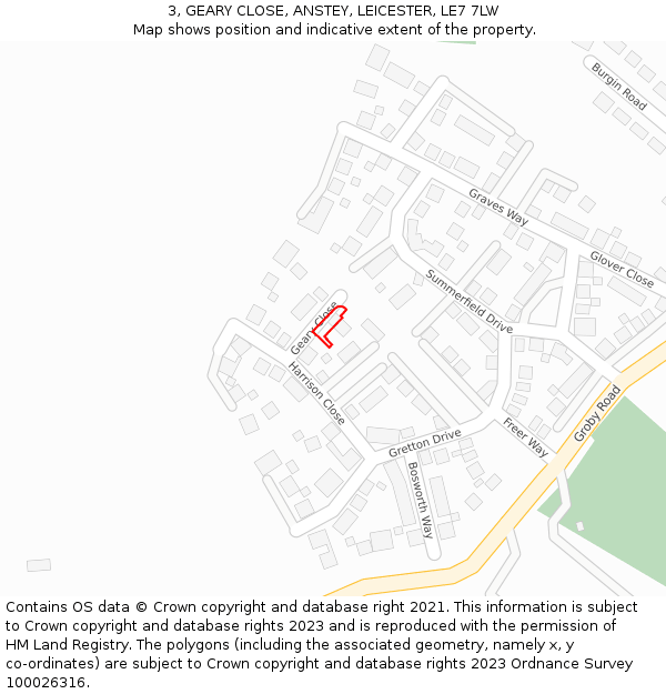 3, GEARY CLOSE, ANSTEY, LEICESTER, LE7 7LW: Location map and indicative extent of plot