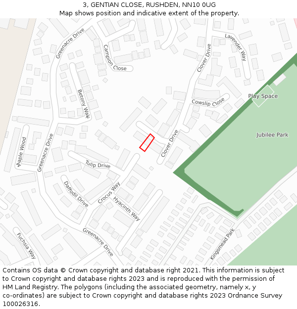 3, GENTIAN CLOSE, RUSHDEN, NN10 0UG: Location map and indicative extent of plot