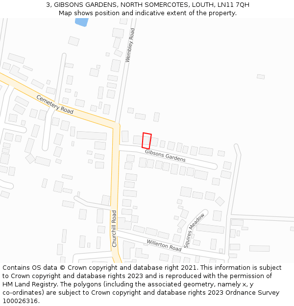 3, GIBSONS GARDENS, NORTH SOMERCOTES, LOUTH, LN11 7QH: Location map and indicative extent of plot