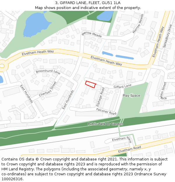 3, GIFFARD LANE, FLEET, GU51 1LA: Location map and indicative extent of plot