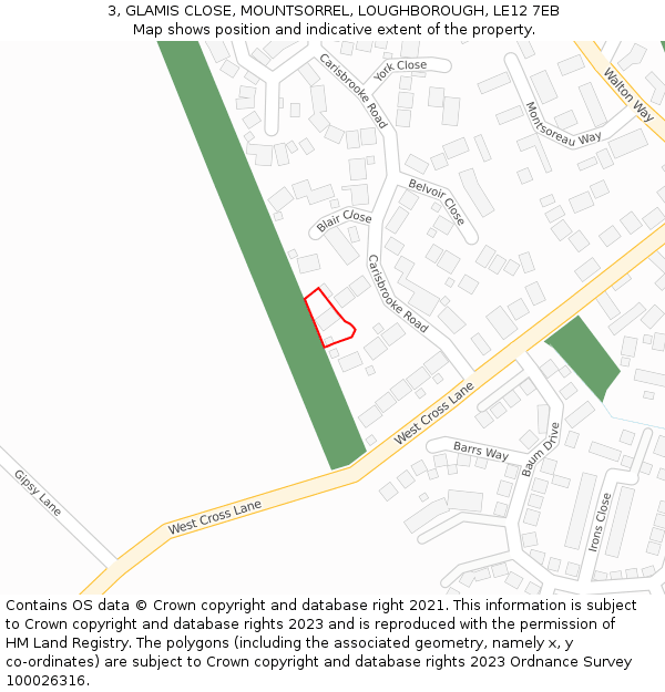 3, GLAMIS CLOSE, MOUNTSORREL, LOUGHBOROUGH, LE12 7EB: Location map and indicative extent of plot