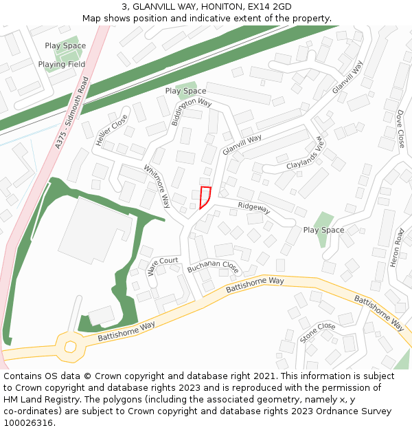 3, GLANVILL WAY, HONITON, EX14 2GD: Location map and indicative extent of plot