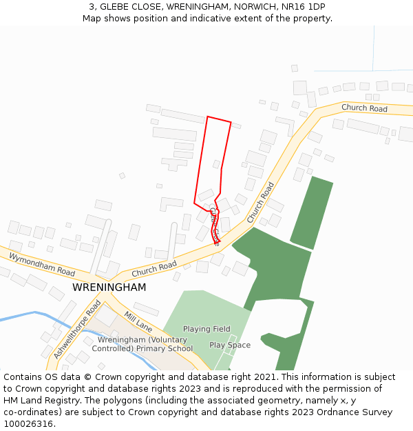 3, GLEBE CLOSE, WRENINGHAM, NORWICH, NR16 1DP: Location map and indicative extent of plot