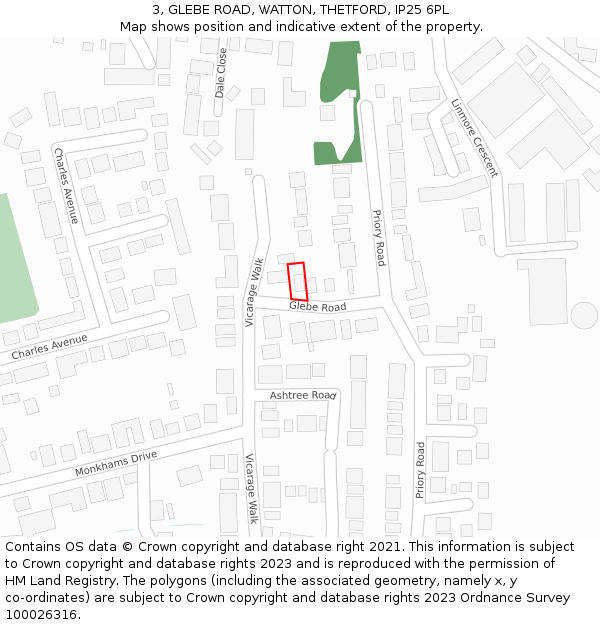 3, GLEBE ROAD, WATTON, THETFORD, IP25 6PL: Location map and indicative extent of plot