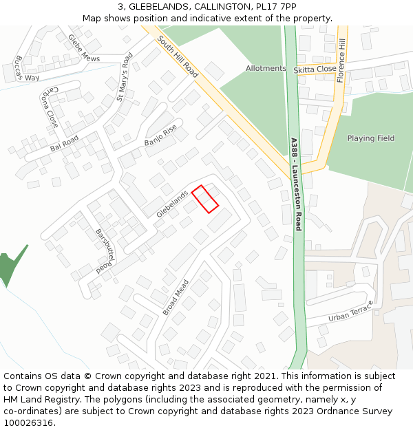 3, GLEBELANDS, CALLINGTON, PL17 7PP: Location map and indicative extent of plot