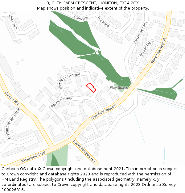 3, GLEN FARM CRESCENT, HONITON, EX14 2GX: Location map and indicative extent of plot