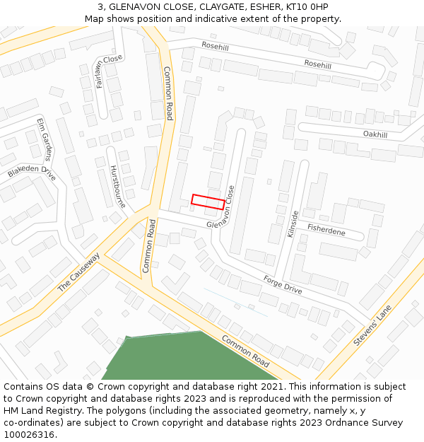 3, GLENAVON CLOSE, CLAYGATE, ESHER, KT10 0HP: Location map and indicative extent of plot