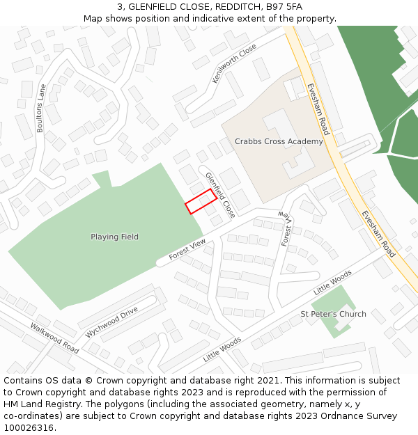 3, GLENFIELD CLOSE, REDDITCH, B97 5FA: Location map and indicative extent of plot