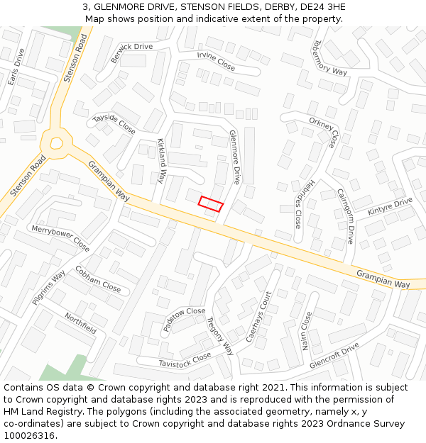 3, GLENMORE DRIVE, STENSON FIELDS, DERBY, DE24 3HE: Location map and indicative extent of plot