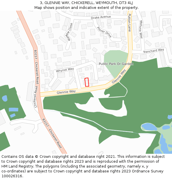 3, GLENNIE WAY, CHICKERELL, WEYMOUTH, DT3 4LJ: Location map and indicative extent of plot