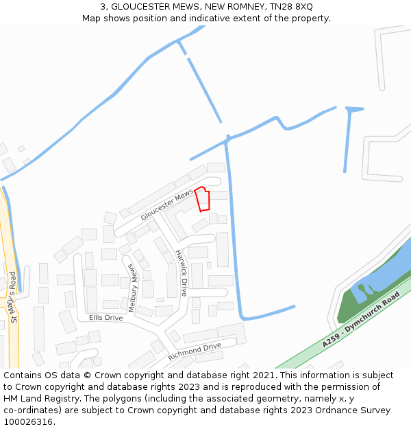 3, GLOUCESTER MEWS, NEW ROMNEY, TN28 8XQ: Location map and indicative extent of plot