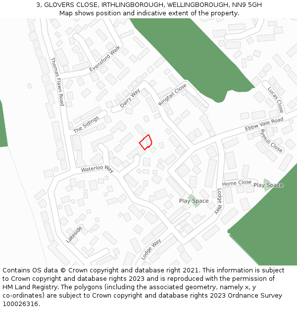 3, GLOVERS CLOSE, IRTHLINGBOROUGH, WELLINGBOROUGH, NN9 5GH: Location map and indicative extent of plot