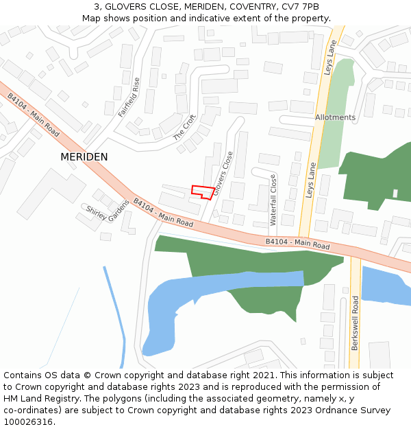 3, GLOVERS CLOSE, MERIDEN, COVENTRY, CV7 7PB: Location map and indicative extent of plot