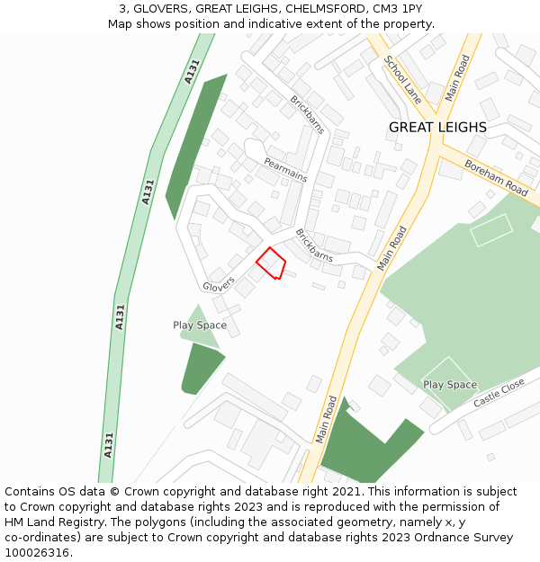 3, GLOVERS, GREAT LEIGHS, CHELMSFORD, CM3 1PY: Location map and indicative extent of plot