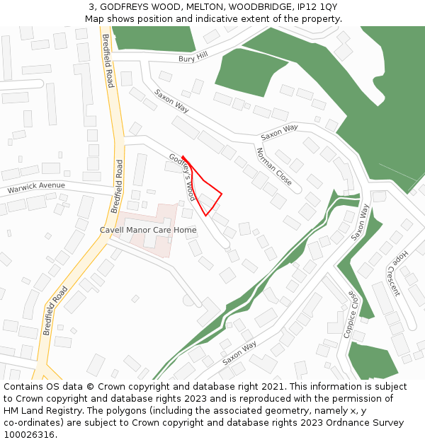 3, GODFREYS WOOD, MELTON, WOODBRIDGE, IP12 1QY: Location map and indicative extent of plot